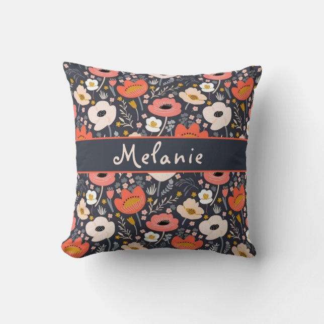 Custom name pattern with flowers and leaves throw pillow (Front)