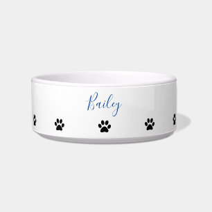 Custom Name Paw Prints Patterns Blue Black White Bowl