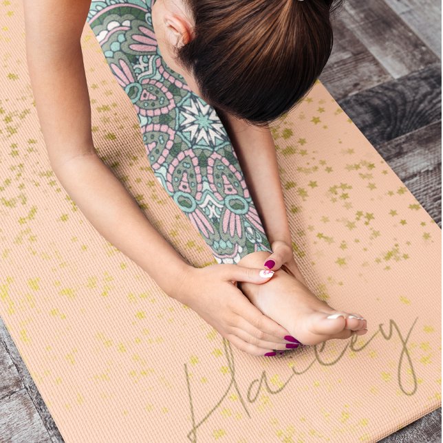 Custom Name Peach Fuzz Gold Star Pattern Yoga Mat (Creator Uploaded)