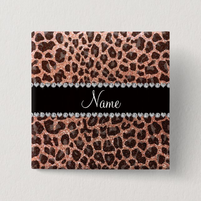 Custom name peach orange glitter leopard print 2 inch square button (Front)