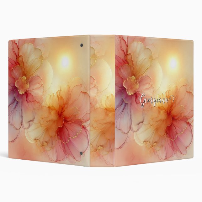 Custom Name Peach Raspberry Floral Alcohol Ink Art Binder (Background)