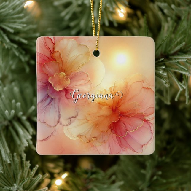Custom Name Peach Raspberry Floral Alcohol Ink Art Ceramic Ornament (Tree)
