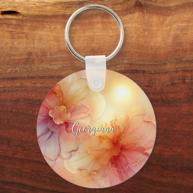 Custom Name Peach Raspberry Floral Alcohol Ink Art Keychain (Front)