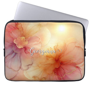 Custom Name Peach Raspberry Floral Alcohol Ink Art Laptop Sleeve
