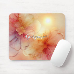 Custom Name Peach Raspberry Floral Alcohol Ink Art Mouse Pad