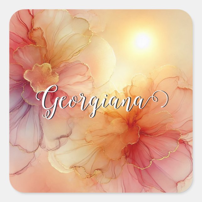 Custom Name Peach Raspberry Floral Alcohol Ink Art Square Sticker (Front)