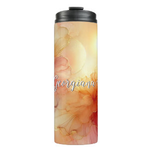 Custom Name Peach Raspberry Floral Alcohol Ink Art Thermal Tumbler