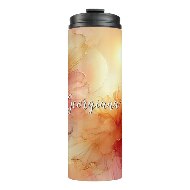 Custom Name Peach Raspberry Floral Alcohol Ink Art Thermal Tumbler (Front)