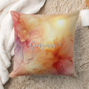 Custom Name Peach Raspberry Floral Alcohol Ink Art Throw Pillow