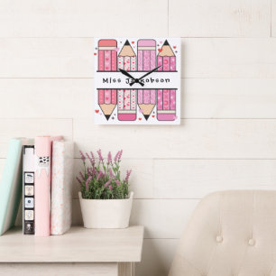 Custom Name Pencil Canvas Teacher Square Wall Clock