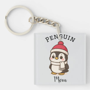 Custom Name "Penguin Mom" Red White Black Keychain