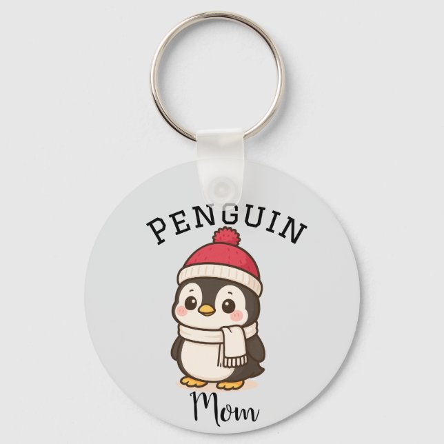 Custom Name "Penguin Mom" Red White Black  Keychain (Front)