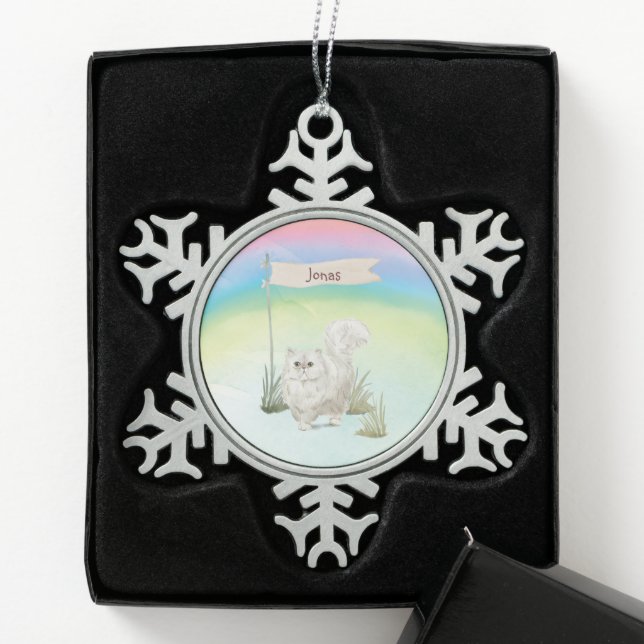 Custom Name Persian Cat Pet Snowflake Pewter Christmas Ornament (Box)