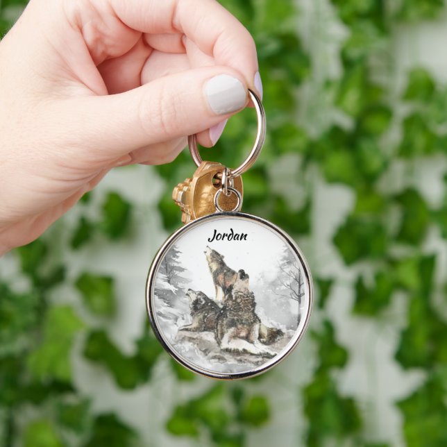 Custom Name Personalized 3 Wolves Howling Keychain (Hand)