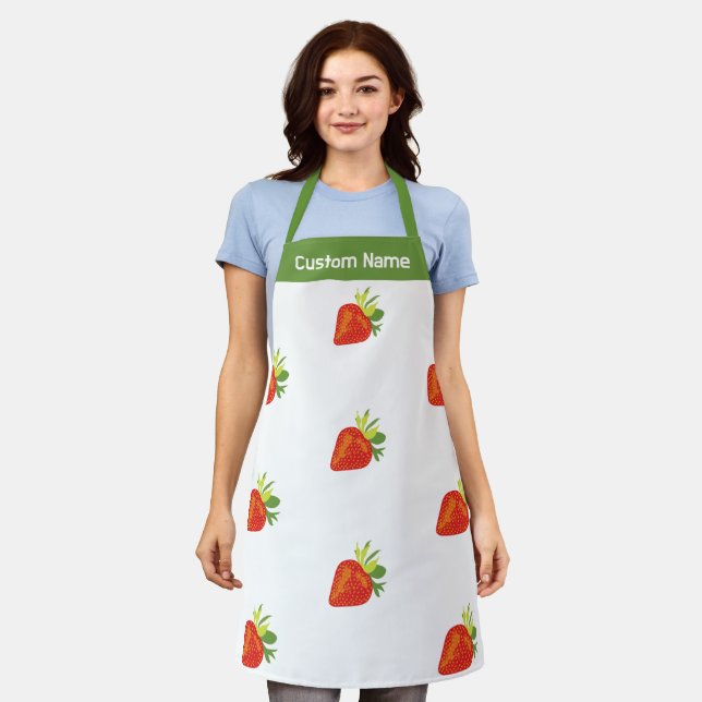 Custom Name Personalized Aprons, Red Strawberry Apron (Worn)