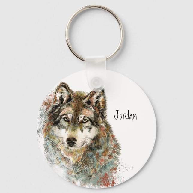 Custom Name Personalized Gray Wolf Keychain (Front)