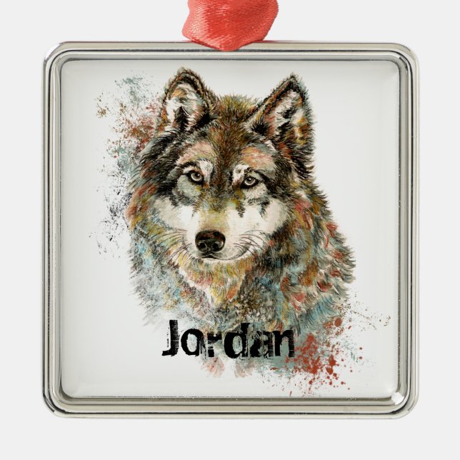 Custom Name Personalized Grey Wolf Metal Ornament (Front)