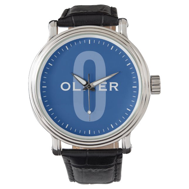 Custom Name Personalized Monogram Blue White Watch (Front)