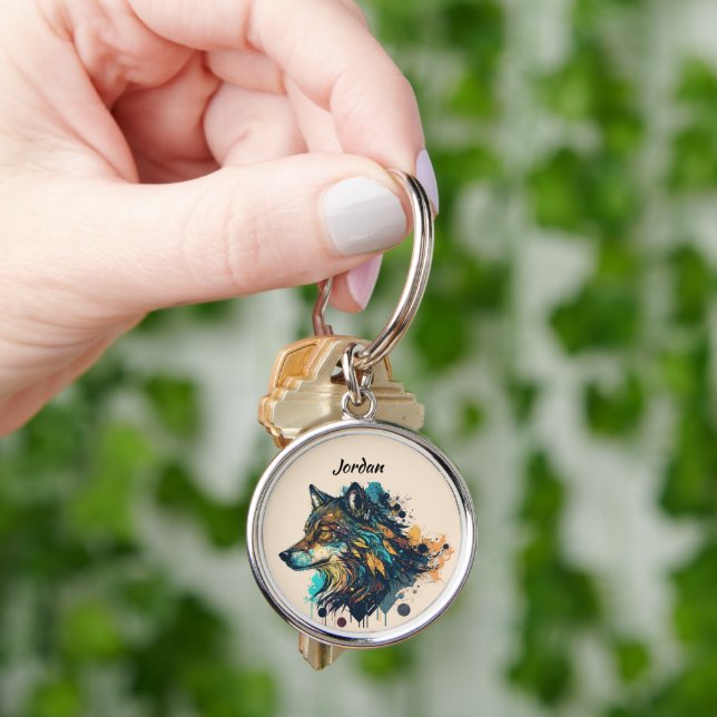 Custom Name Personalized Stylized Wolf Head Keychain (Hand)