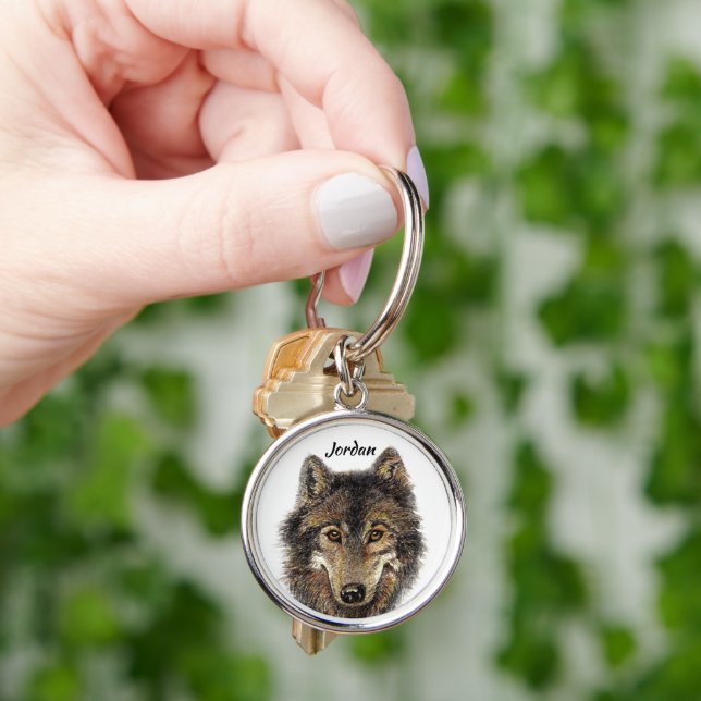 Custom Name Personalized Wolf Head Logo Keychain (Hand)