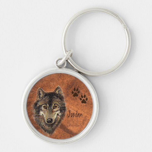 Custom Name Personalized Wolf & Tracks Keychain (Front)
