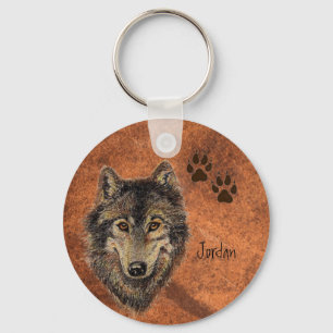 Custom Name Personalized Wolf & Tracks Keychain