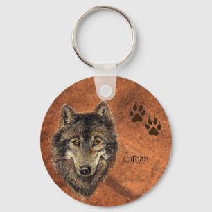 Custom Name Personalized Wolf & Tracks Keychain