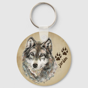 Custom Name Personalized Wolf & Tracks Keychain