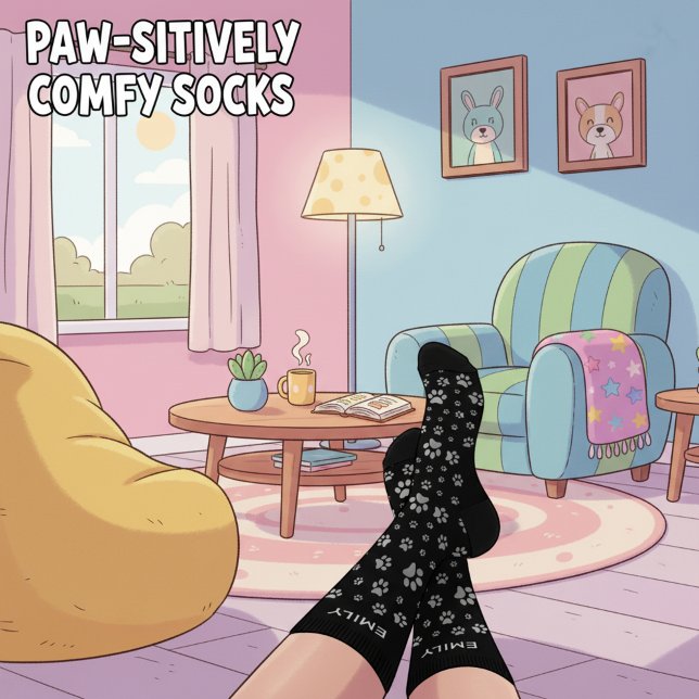 Custom Name Pet Lover Gift Socks - Black with Paws (🐾🖤 Sleek black socks with custom name & paw print!)