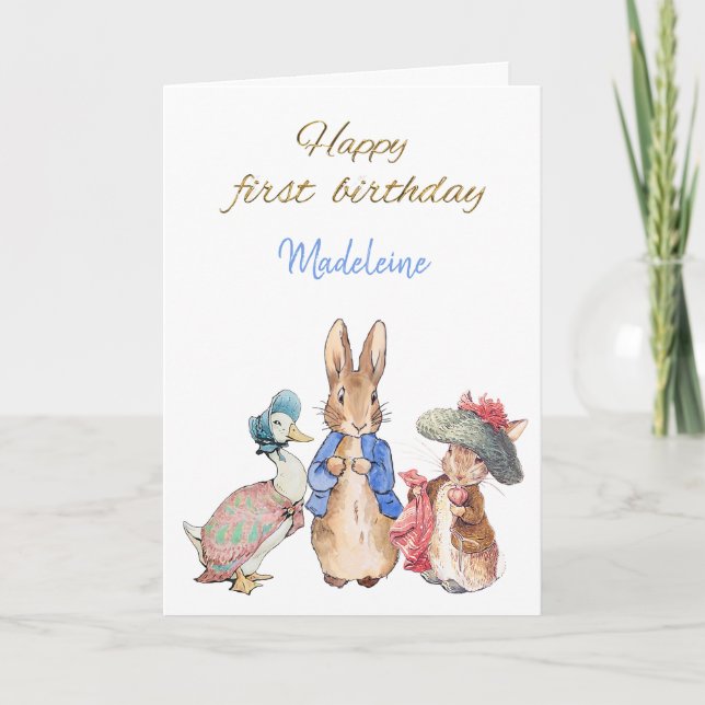 Custom Name Peter the Rabbit Happy First Birthday Card (Front)