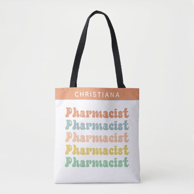 Custom Name Pharmacist Retro Groovy Pharmacy Tote Bag (Front)