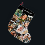 Custom Name Photo Collage Large Christmas Stocking<br><div class="desc">Personalized christmas stocking featuring a stylish black background that can be changed to any colour,  a 15 photo collage for you to replace with your own pictures,  and the persons name. On the reverse is a traditional festive plaid tartan pattern.</div>