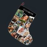 Custom Name Photo Collage Large Christmas Stocking<br><div class="desc">Personalized christmas stocking featuring a stylish black background that can be changed to any colour,  a 15 photo collage for you to replace with your own pictures,  and the persons name. On the reverse is a traditional festive plaid tartan pattern.</div>