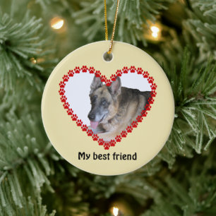 Custom name photo dog paw prints 2-sided ceramic ornament