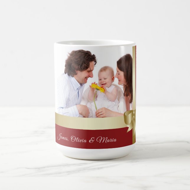 Custom Name & Photo Holiday Red, Gold Bow Coffee Mug (Center)