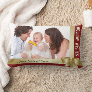Custom Name & Photo Holiday Red, Gold Bow Lumbar Pillow