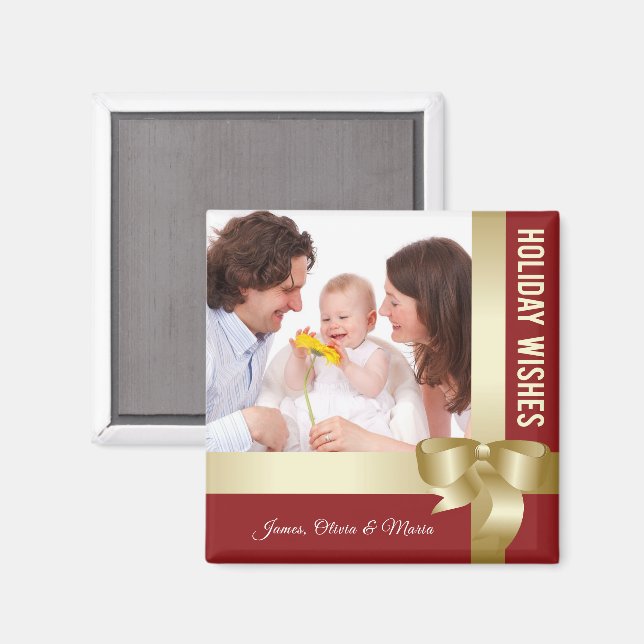 Custom Name & Photo Holiday Red, Gold Bow Magnet (Front/Back)
