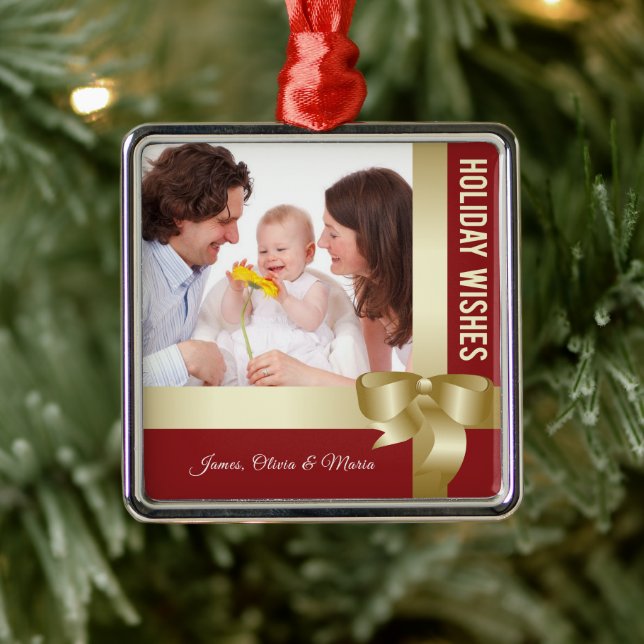 Custom Name & Photo Holiday Red, Gold Bow Metal Ornament (Tree)