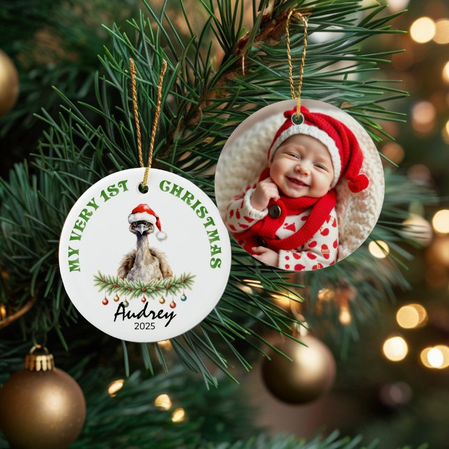 Custom Name & Photo Keepsake with Cute Aussie Emu Ceramic Ornament (Creator Uploaded)