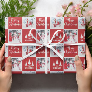 Custom Name Photo Pattern Red Merry Christmas Wrapping Paper