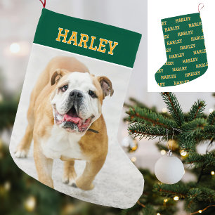 Custom Name Photo Retro Typography Green Gold Small Christmas Stocking