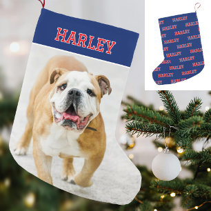 Custom Name Photo Retro Typography Navy Red Small Christmas Stocking