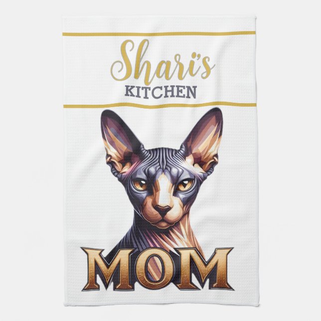 Custom Name Photo Sphynx Cat Mom Personalized Kitchen Towel (Vertical)