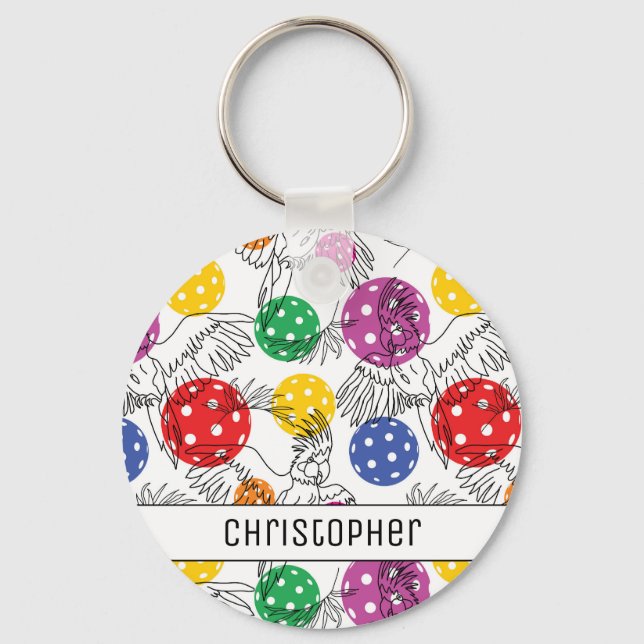 Custom name, Pickleball with 🦜parrots, white  Key Keychain (Front)