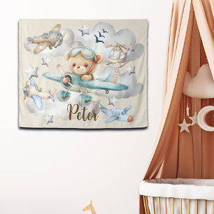 Custom Name Pilot Teddy Bear Backdrop Tapestry