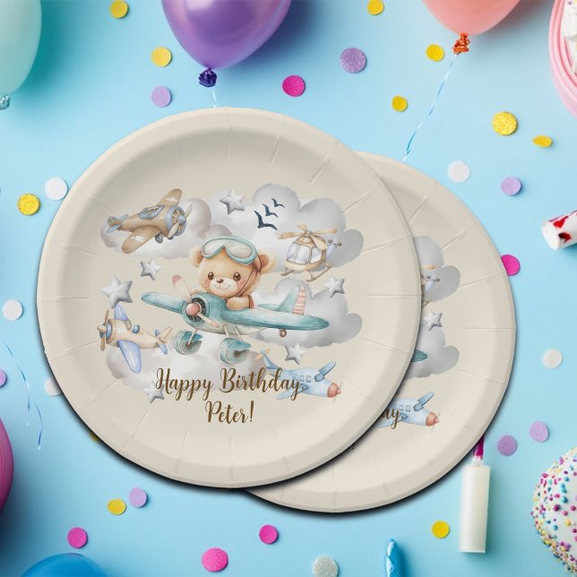 Custom Name Pilot Teddy Bear Birthday Party Paper Plate (Creator Uploaded)
