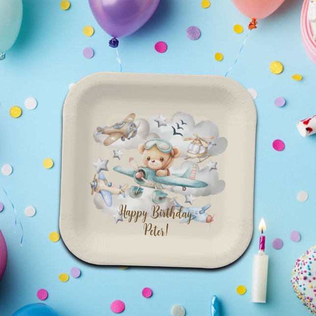 Custom Name Pilot Teddy Bear Birthday Party Paper Plate (Creator Uploaded)