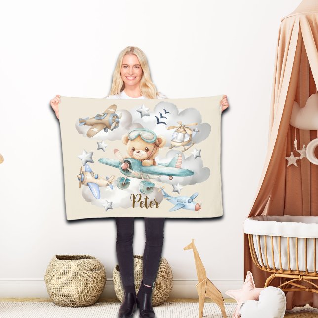 Custom Name Pilot Teddy Bear  Fleece Blanket (Creator Uploaded)