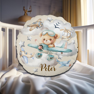 Custom Name Pilot Teddy Bear Round Pillow