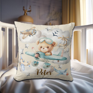 Custom Name Pilot Teddy Bear Throw Pillow